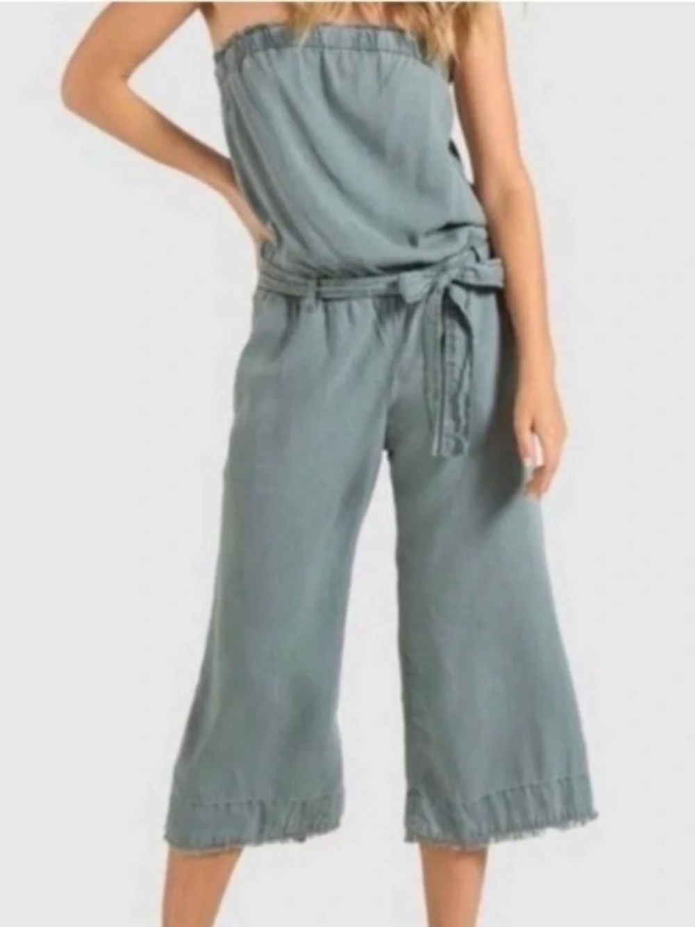 Anthropologie Cloth & Stone Charcoal Frayed Hem Cropped Strapless Jumpsuit, M